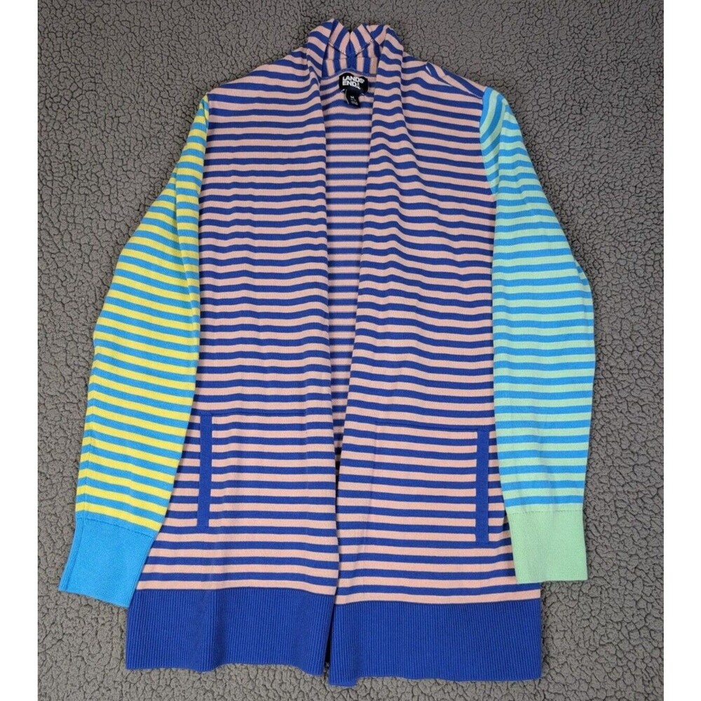 Lands' End Open Long Cardigan Knit Stretch Multi Stripe Pockets Women's Size M